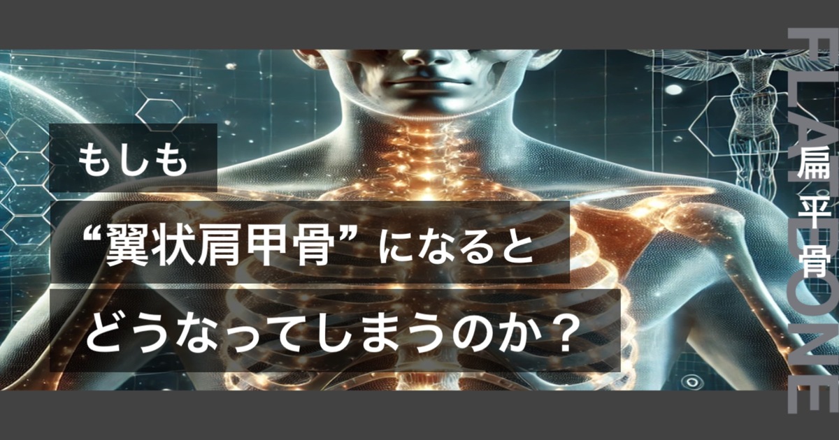 もしも翼状肩甲骨になるとどうなってしまうのか？というテキストが書かれており人間の長骨が描かれている