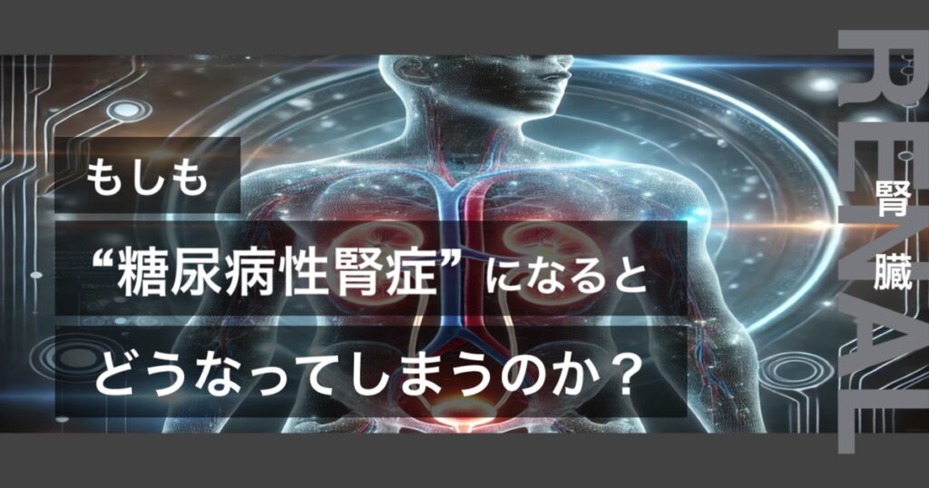 もしも糖尿病性腎症になるとどうなってしまうのか?というテキストが書かれており人間の腎臓が描かれている