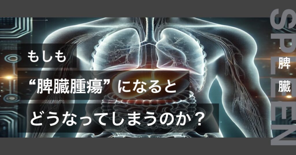 もしも脾臓腫瘍になるとどうなってしまうのか？というテキストが書かれており人間の脾臓が描かれている