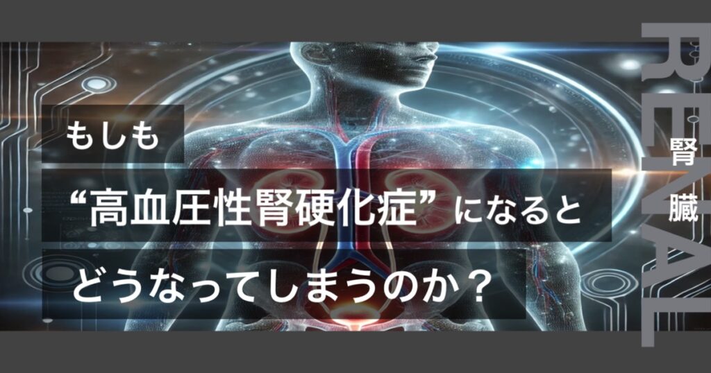 もしも高血圧性腎硬化症になるとどうなってしまうのか?というテキストが書かれており人間の腎臓が描かれている