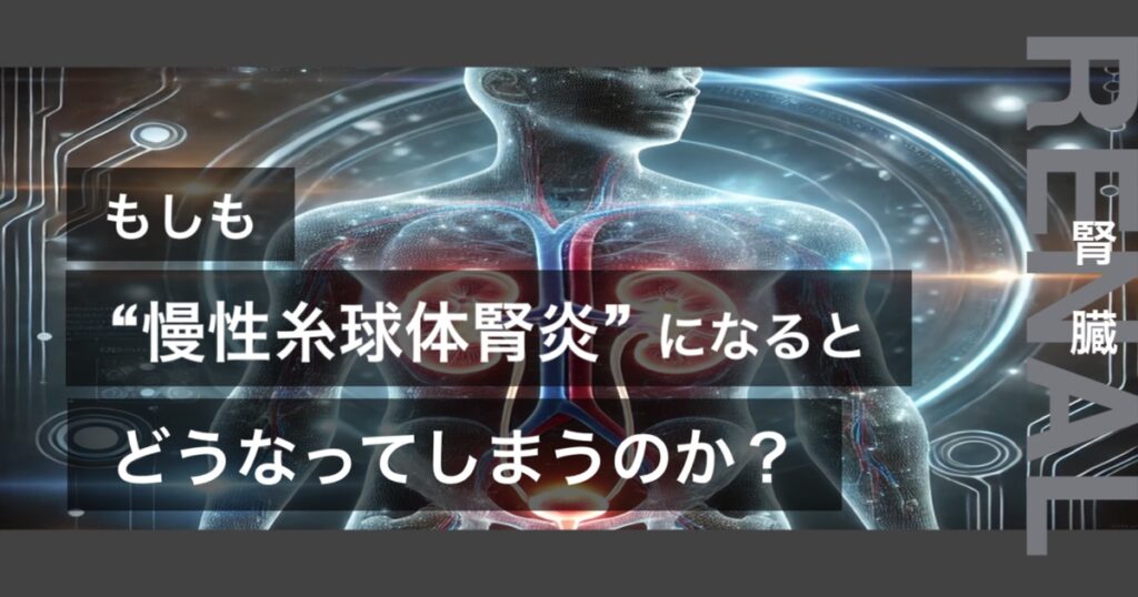 もしも慢性糸球体腎炎になるとどうなってしまうのか?というテキストが書かれており人間の腎臓が描かれている