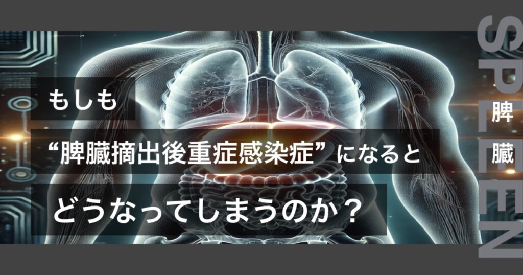 もしも脾臓摘出後重症感染症になるとどうなってしまうのか？というテキストが書かれており人間の脾臓が描かれている