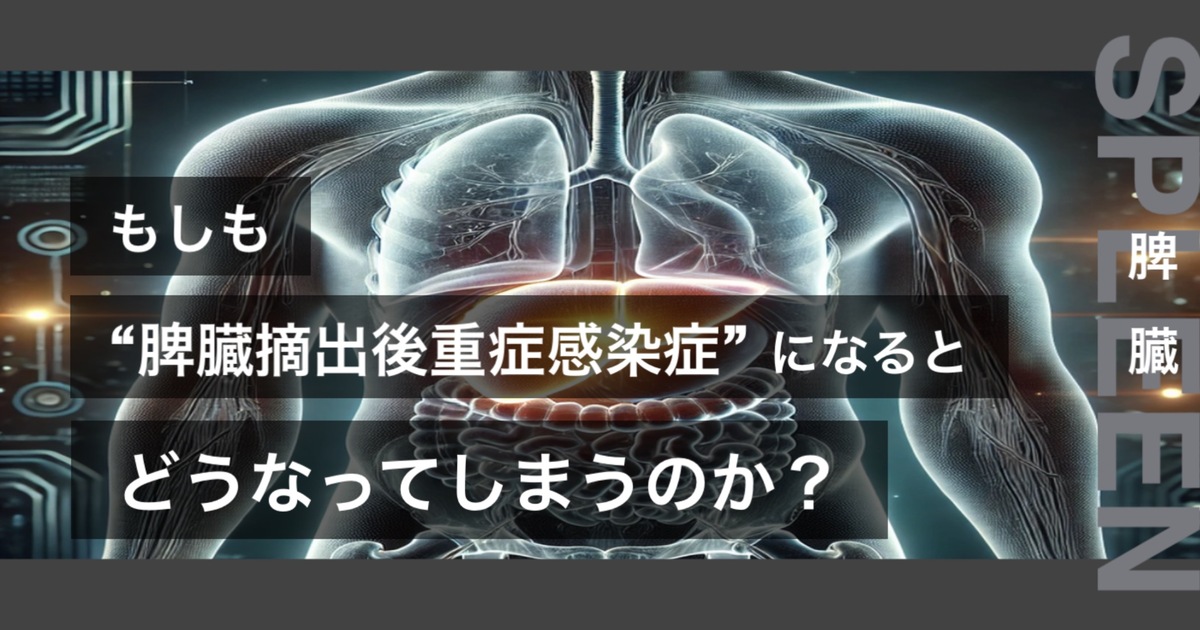 もしも脾臓摘出後重症感染症になるとどうなってしまうのか？というテキストが書かれており人間の脾臓が描かれている